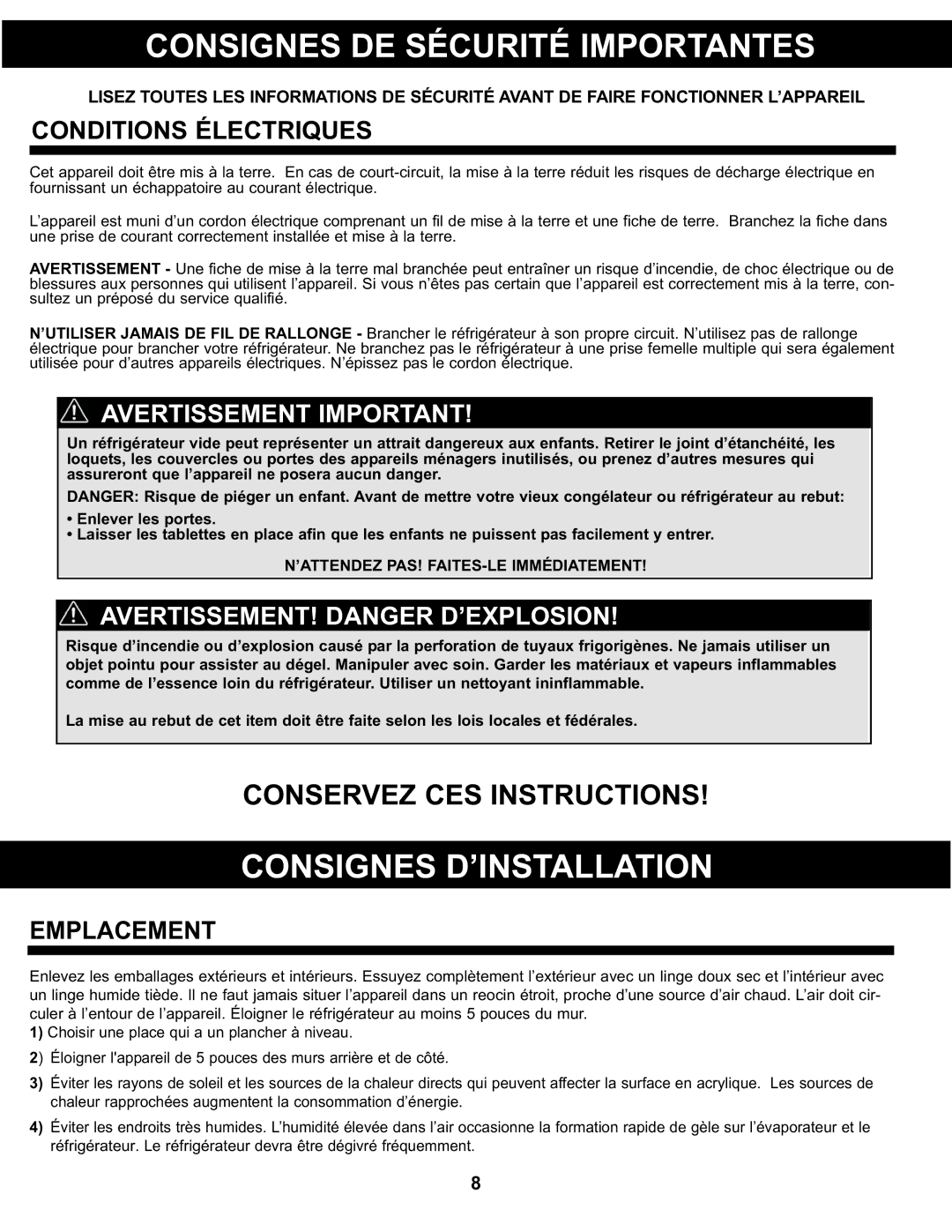 Danby DCR044A2BDD manual CONSIGNES DE SÉCURITÉ Importantes, Consignes D’Installation, Avertissement Important 